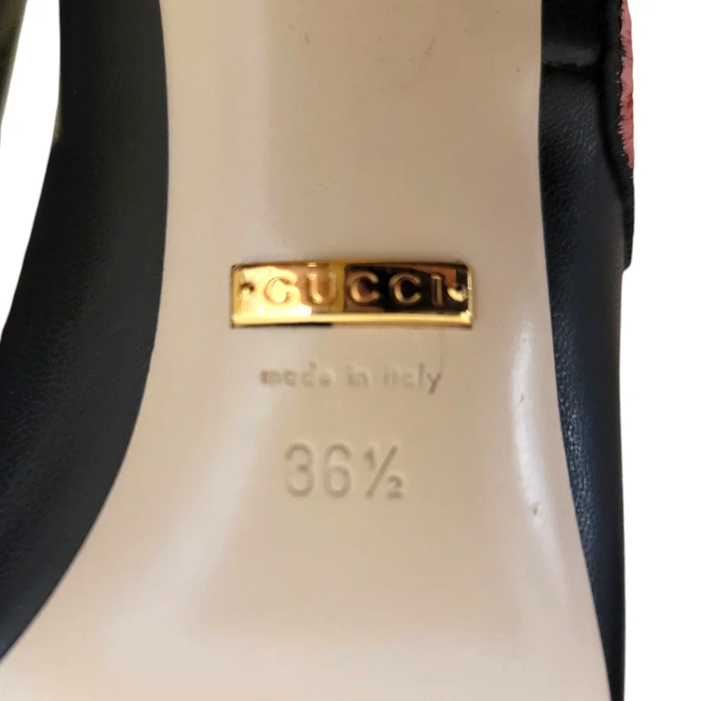 Gucci Floral Ophelia Black Leather Heels Embroidered Pointed Toe Pumps 36.5 6.5